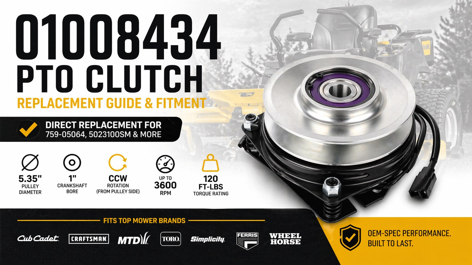 Graphic for the 01008434 PTO clutch replacement guide showing a silver electric PTO clutch and listed specs including 1 inch bore, 5.35 inch pulley, counterclockwise rotation from the pulley side, and 120 ft-lb torque.