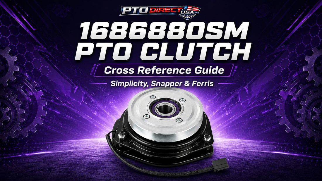 1686880SM PTO clutch cross reference guide image showing a silver pulley electric PTO clutch for Simplicity, Snapper, Ferris, 5023100, 1717664, 1720532, 1757359, and Ogura MA-GT-JD11 replacement paths.