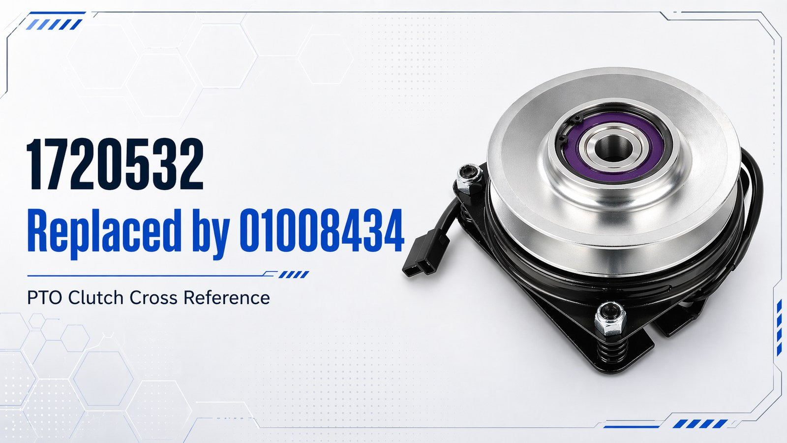 1720532 PTO clutch cross reference banner showing a replacement PTO clutch with text stating Replaced by 01008434.