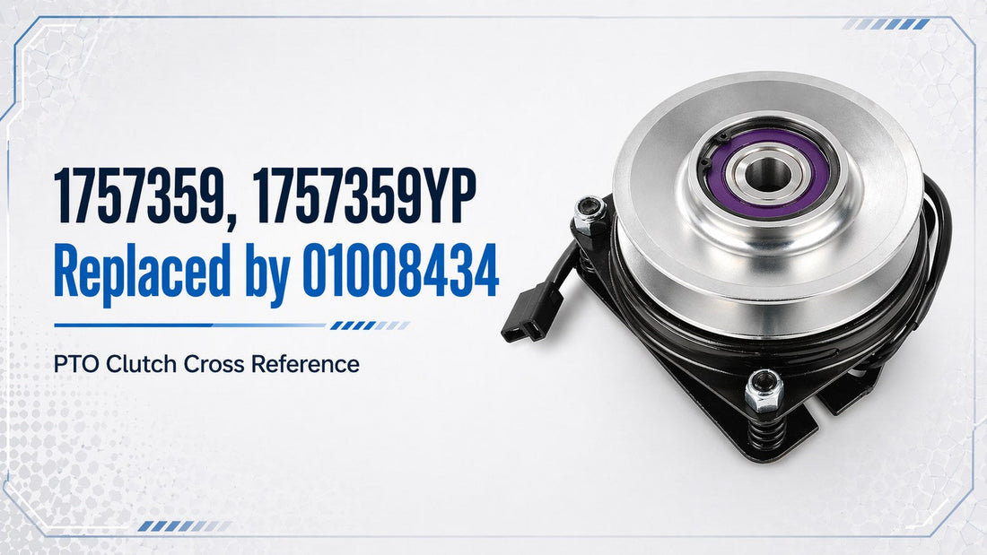 1757359 PTO clutch cross reference banner showing a replacement PTO clutch with text stating Replaced by 01008434.