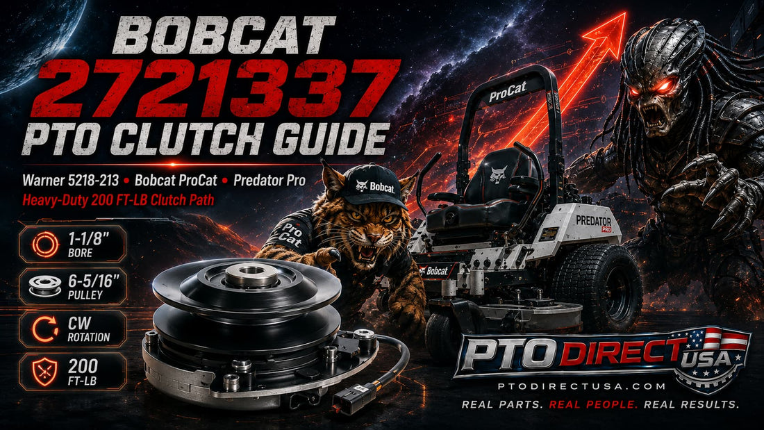 Bobcat 2721337 PTO clutch guide featured image showing a 2721337 replacement clutch for Warner 5218-213, ProCat, Predator Pro, 1-1/8 inch bore, 6-5/16 inch pulley, CW rotation, and 200 ft-lb clutch path.