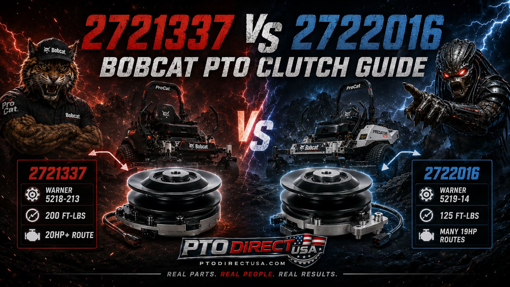Bobcat 2721337 vs 2722016 PTO clutch guide featured image comparing the 2721337 Warner 5218-213 200 ft-lb route with the 2722016 Warner 5219-14 125 ft-lb route.