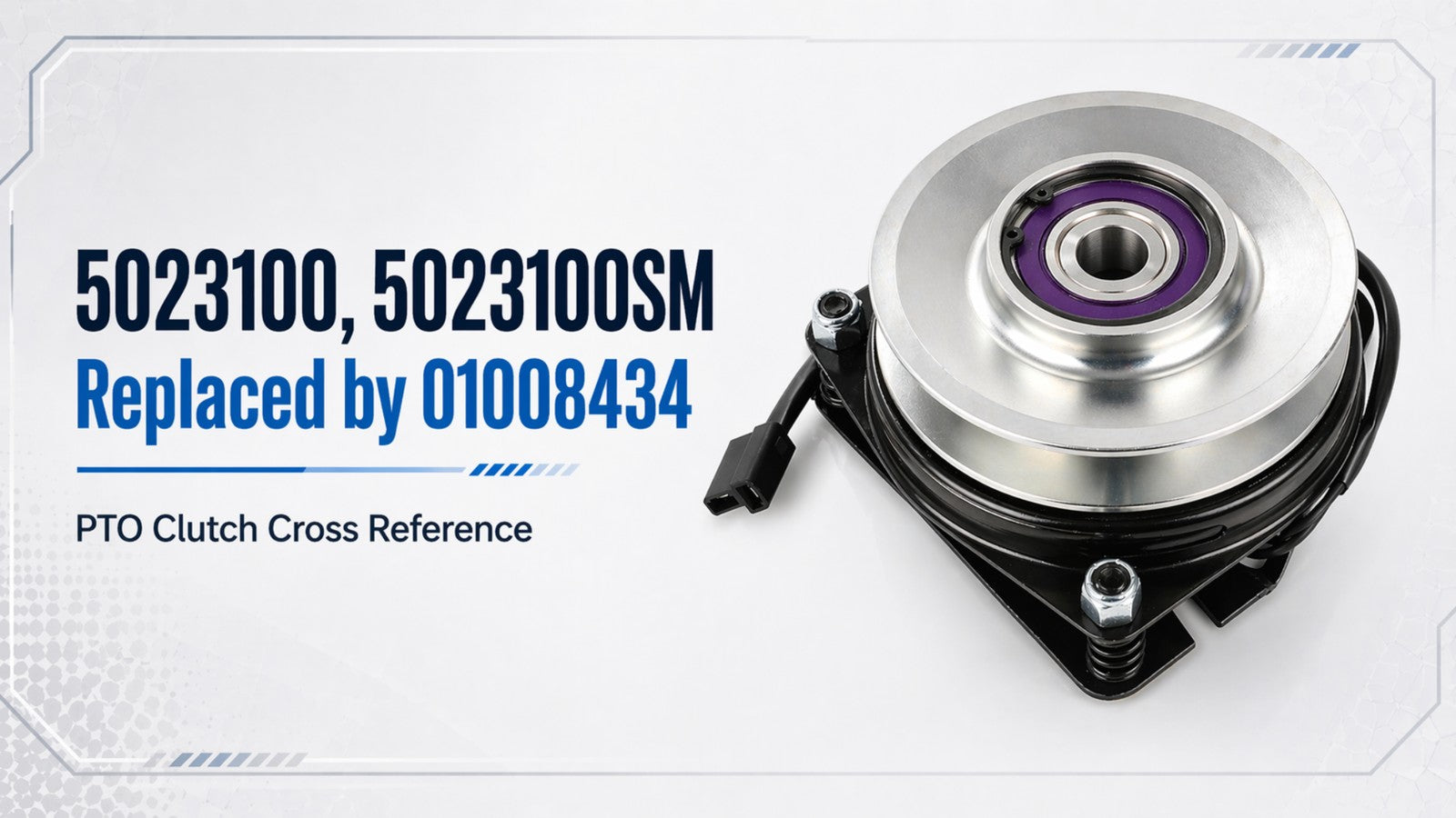 5023100 PTO clutch cross reference image showing a replacement electric PTO clutch with text stating Replaced by 01008434.