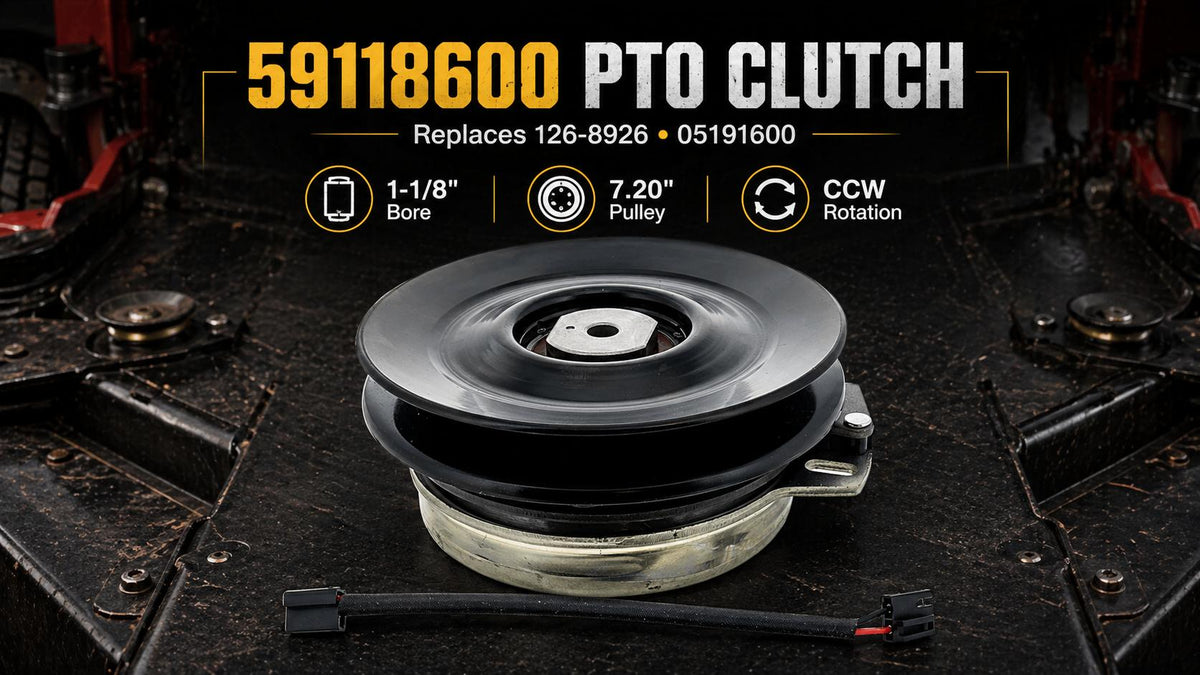 59118600 PTO clutch fitment guide graphic showing an electric mower PTO clutch with 126-8926, 05191600, 1-1/8 inch bore, 7.20 inch pulley, and compatible commercial zero-turn mower applications.