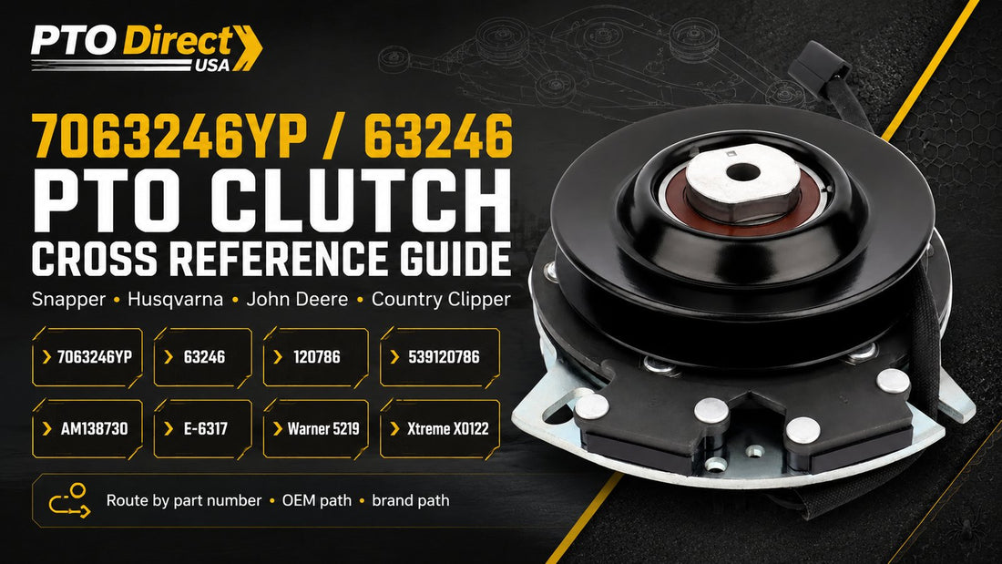7063246YP / 63246 PTO clutch cross-reference guide image featuring a real electric PTO clutch with Snapper, Husqvarna, John Deere, Country Clipper, Warner 5219, and Xtreme X0122 replacement path labels.