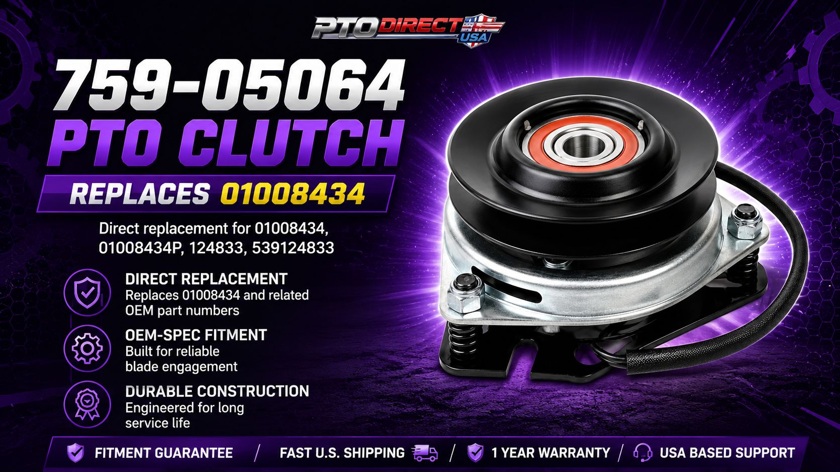 759-05064 PTO clutch replacement guide image showing a black pulley electric PTO clutch that replaces 01008434 for Cub Cadet, MTD, Craftsman, Toro, Wheel Horse, and related mower applications.