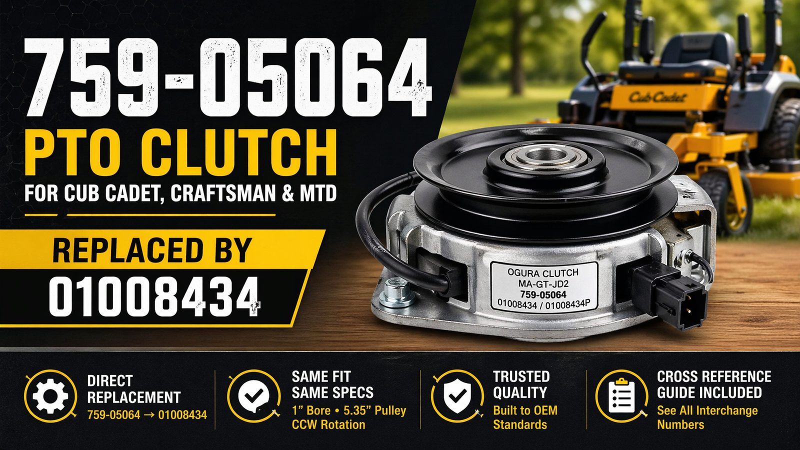 Featured image for the 759-05064 PTO clutch replacement guide showing a mower PTO clutch and text explaining that 759-05064 for Cub Cadet, Craftsman, and MTD is replaced by 01008434.