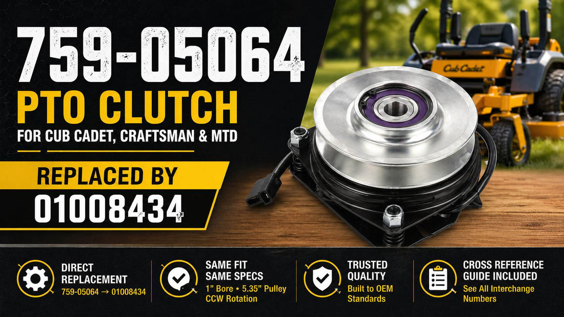 759-05064 PTO clutch replacement for Cub Cadet, Craftsman, and MTD, replaced by 01008434 with 1-inch bore, 5.35-inch pulley, and CCW rotation.