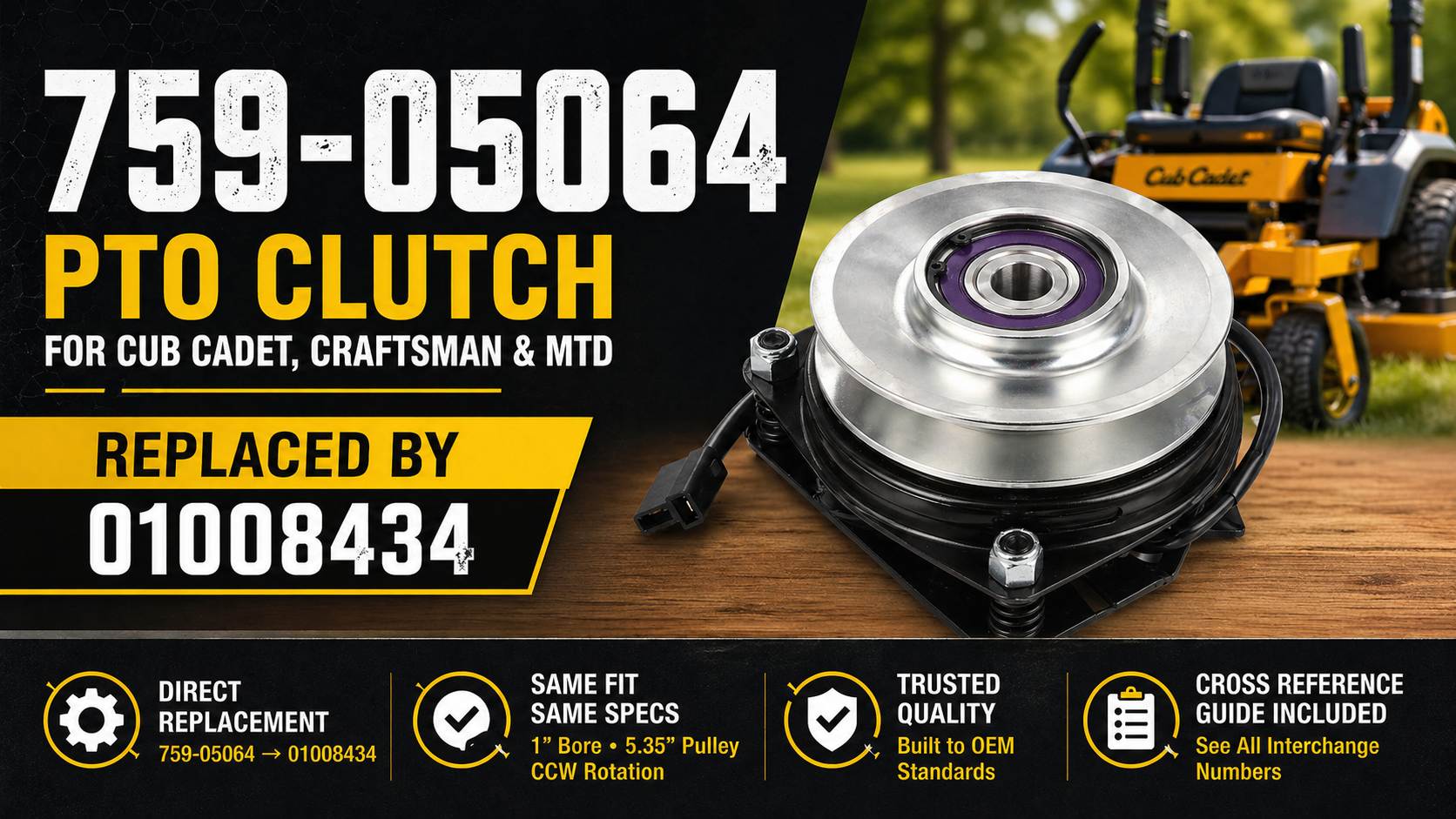 759-05064 PTO clutch replacement for Cub Cadet, Craftsman, and MTD, replaced by 01008434 with 1-inch bore, 5.35-inch pulley, and CCW rotation.