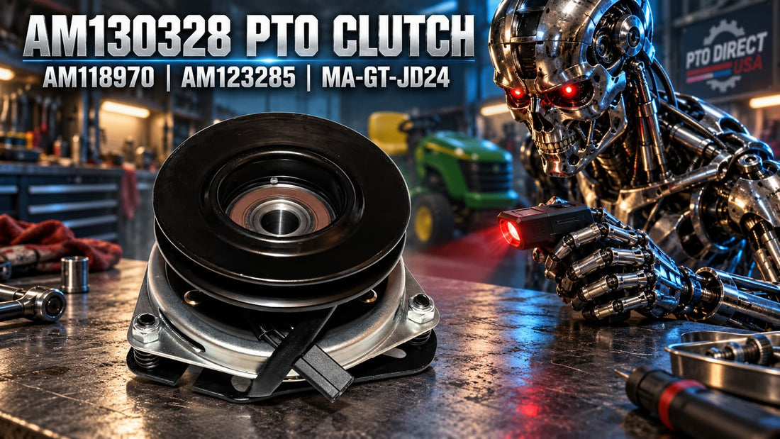 Chrome robot inspecting an AM130328 PTO clutch on a workshop bench for the AM118970, AM123285 and Ogura MA-GT-JD24 identification guide