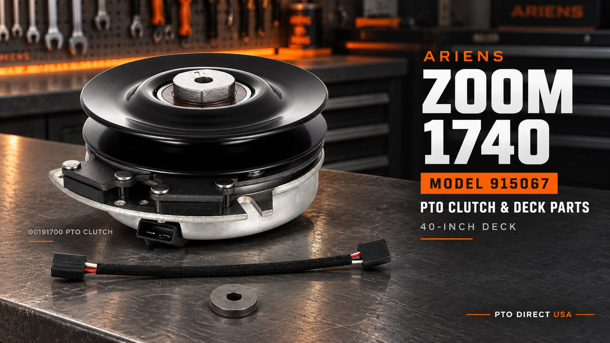 00191700 replacement PTO clutch, wiring adapter and washer on a workbench for the Ariens 915067 Zoom 1740 fitment guide