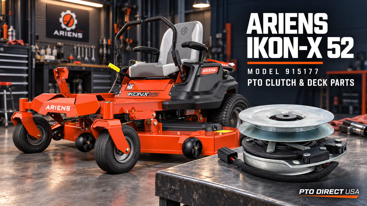 Ariens 915177 IKON-X 52 zero-turn mower with a replacement PTO clutch on a workshop bench