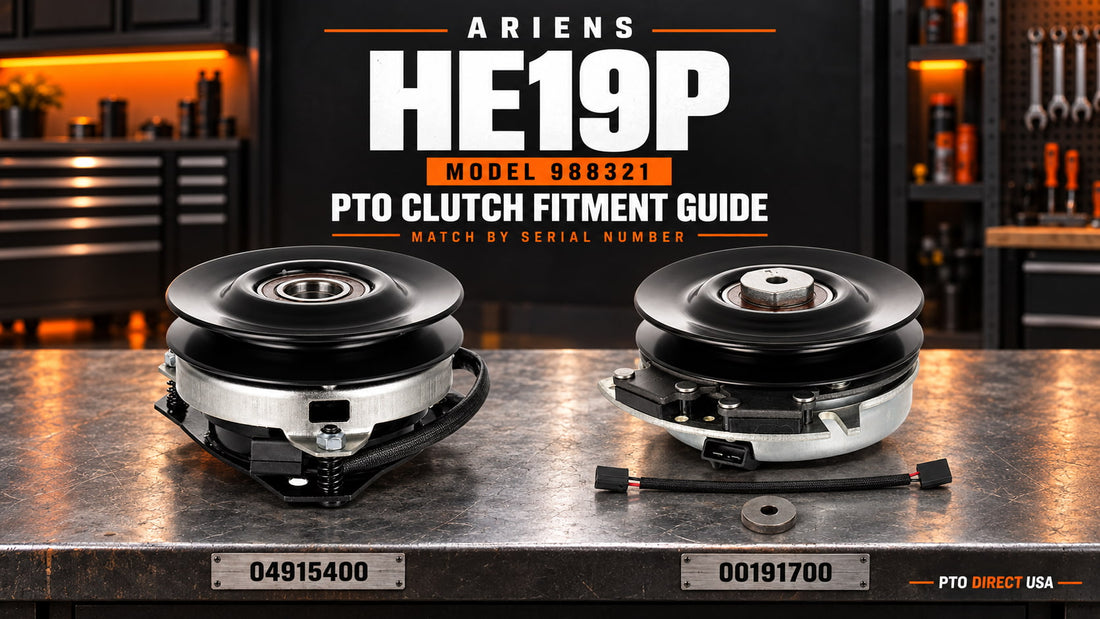PTO clutch replacements 04915400 and 00191700 on a workshop bench for the Ariens HE19P 988321 serial number fitment guide