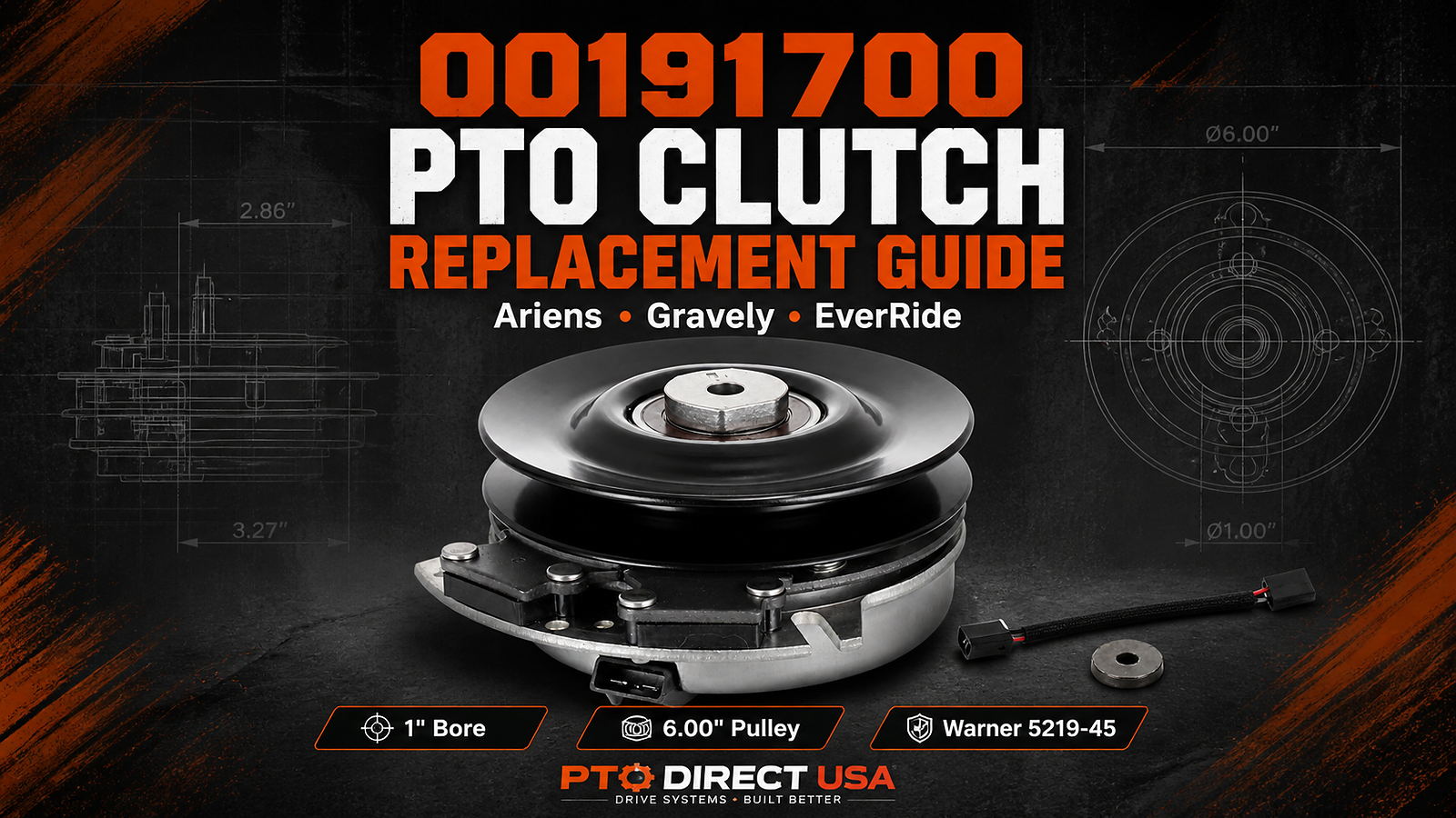 Ariens Gravely 00191700 PTO clutch replacement guide image showing Warner 5219-45 cross-reference, 1 inch bore, 6 inch pulley, CCW rotation, and zero-turn mower fitment notes.