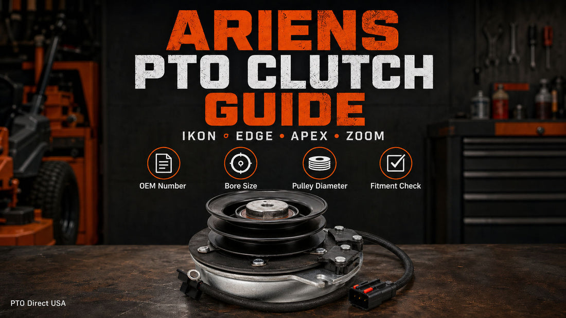 Ariens PTO clutch replacement guide graphic showing a realistic electric mower PTO clutch with fitment checks for Ariens IKON, EDGE, Apex, Zoom, Zoom XL, Pro-Master, and related mower platforms.
