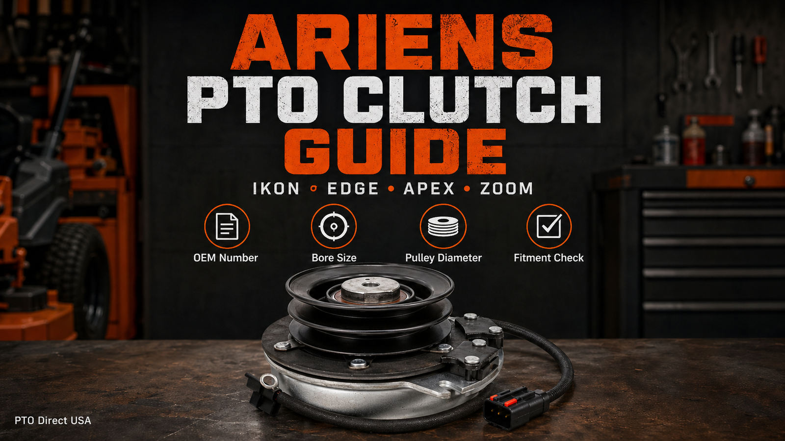 Ariens PTO clutch replacement guide graphic showing a realistic electric mower PTO clutch with fitment checks for Ariens IKON, EDGE, Apex, Zoom, Zoom XL, Pro-Master, and related mower platforms.