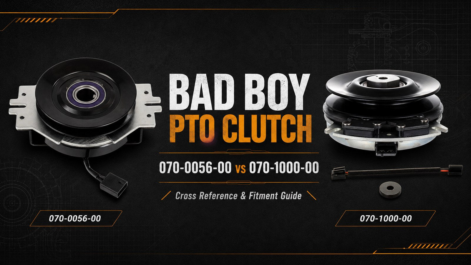 Bad Boy PTO clutch comparison image showing 070-0056-00 vs 070-1000-00 replacement paths with electric PTO clutches on each side and a centered cross-reference and fitment guide label.