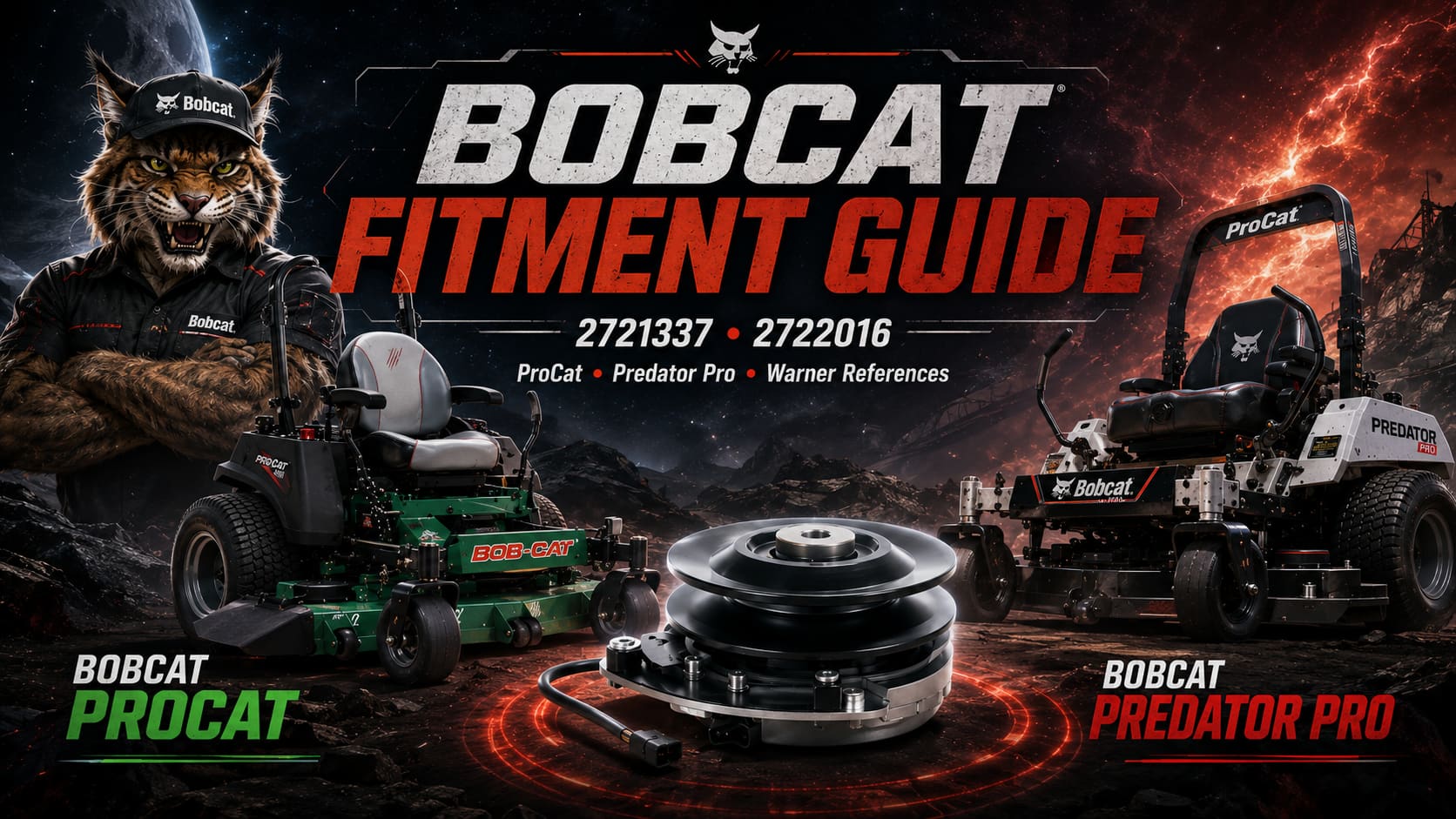 Bobcat PTO clutch fitment guide featured image showing Bobcat ProCat and Predator Pro zero-turn mowers, 2721337 and 2722016 clutch paths, Warner references, and a replacement PTO clutch.
