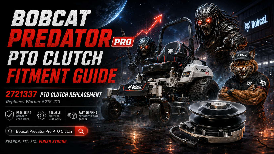 Bobcat Predator Pro PTO clutch fitment guide featured image showing a Bobcat Predator Pro zero-turn mower, 2721337 PTO clutch replacement, and Warner 5218-213 cross-reference.