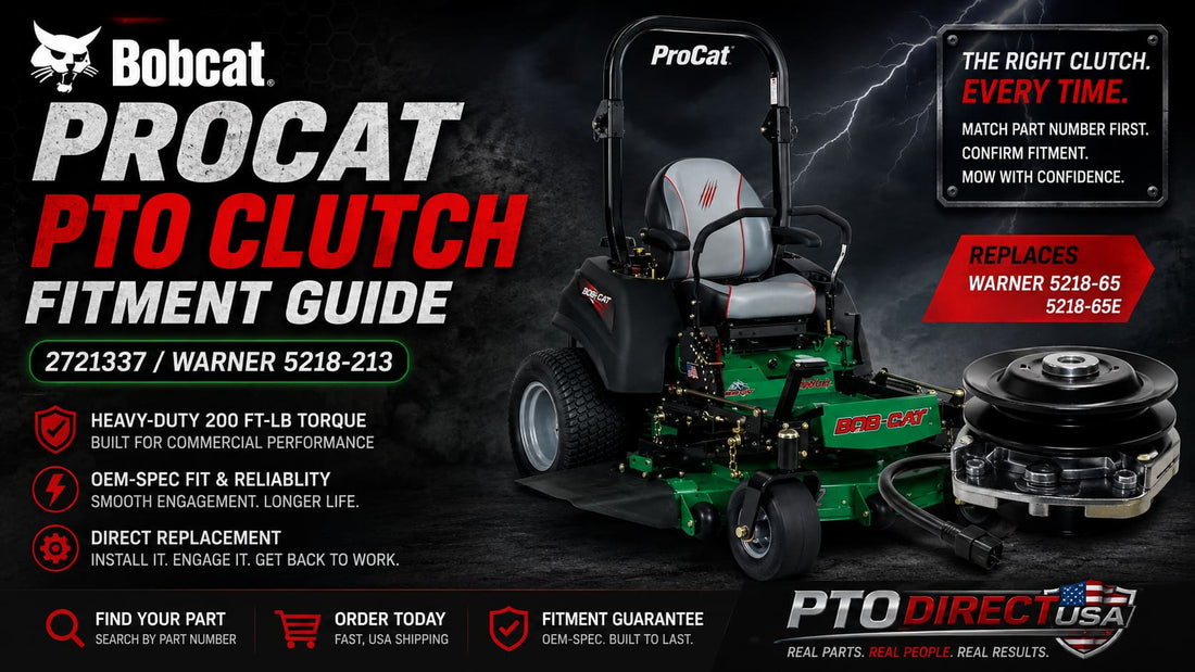 Bobcat ProCat PTO clutch fitment guide featured image showing a Bobcat ProCat zero-turn mower, 2721337 PTO clutch replacement, and Warner 5218-213 cross-reference.