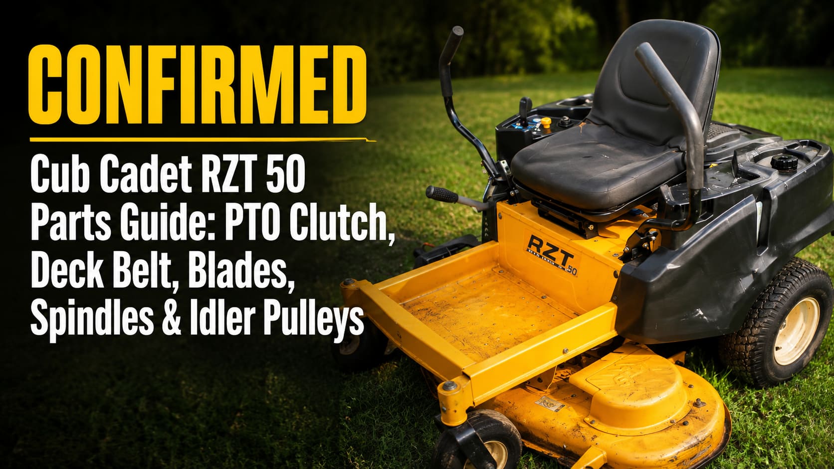 Cub Cadet RZT 50 parts guide for PTO clutch, deck belt, blades, spindles and idler pulley.