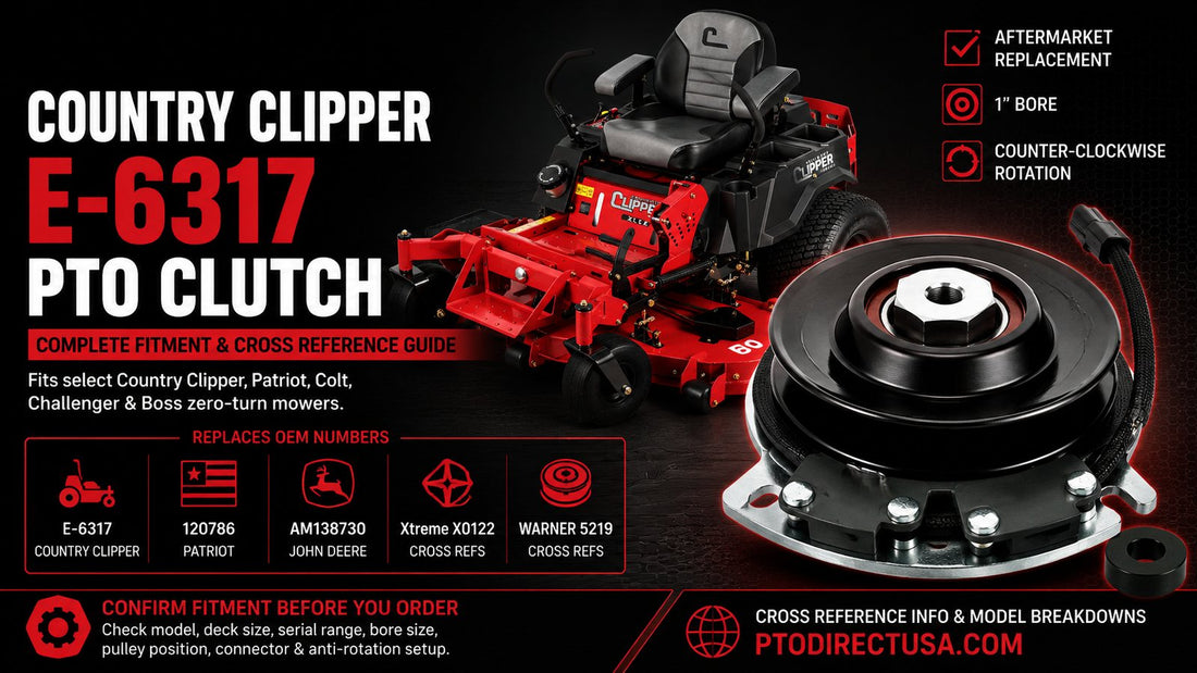 Country Clipper E-6317 PTO clutch fitment guide image showing an aftermarket electric PTO clutch for select Country Clipper Jazee, SR Series, Trek, Wrangler, and Zeton Brat zero-turn mower applications.