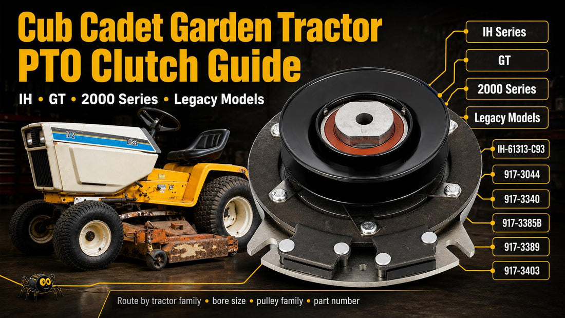 Cub Cadet garden tractor PTO clutch guide graphic showing an older Cub Cadet tractor, PTO clutch, and routing paths for IH Series, GT, 2000 Series, legacy models, and common replacement part numbers.
