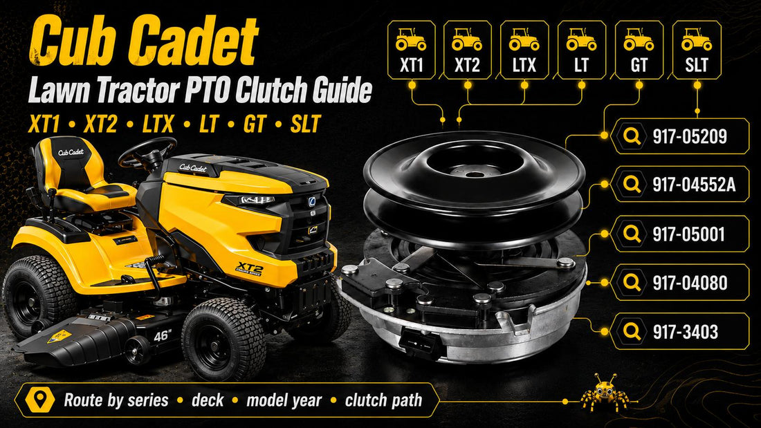 Cub Cadet lawn tractor PTO clutch guide graphic showing a Cub Cadet XT-style lawn tractor, PTO clutch, and routing paths for XT1, XT2, LTX, LT, GT, SLT, and common replacement part numbers.