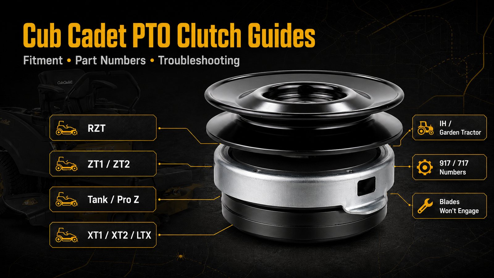 Cub Cadet PTO clutch guides hub graphic showing a PTO clutch, Cub Cadet mower background, and routing paths for fitment, part numbers, and troubleshooting.