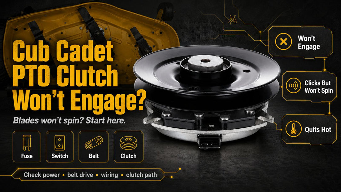Cub Cadet PTO clutch troubleshooting graphic showing a mower deck, PTO clutch, and diagnostic paths for won’t engage, clicks but won’t spin, quits hot, fuse, switch, belt, and clutch issues.