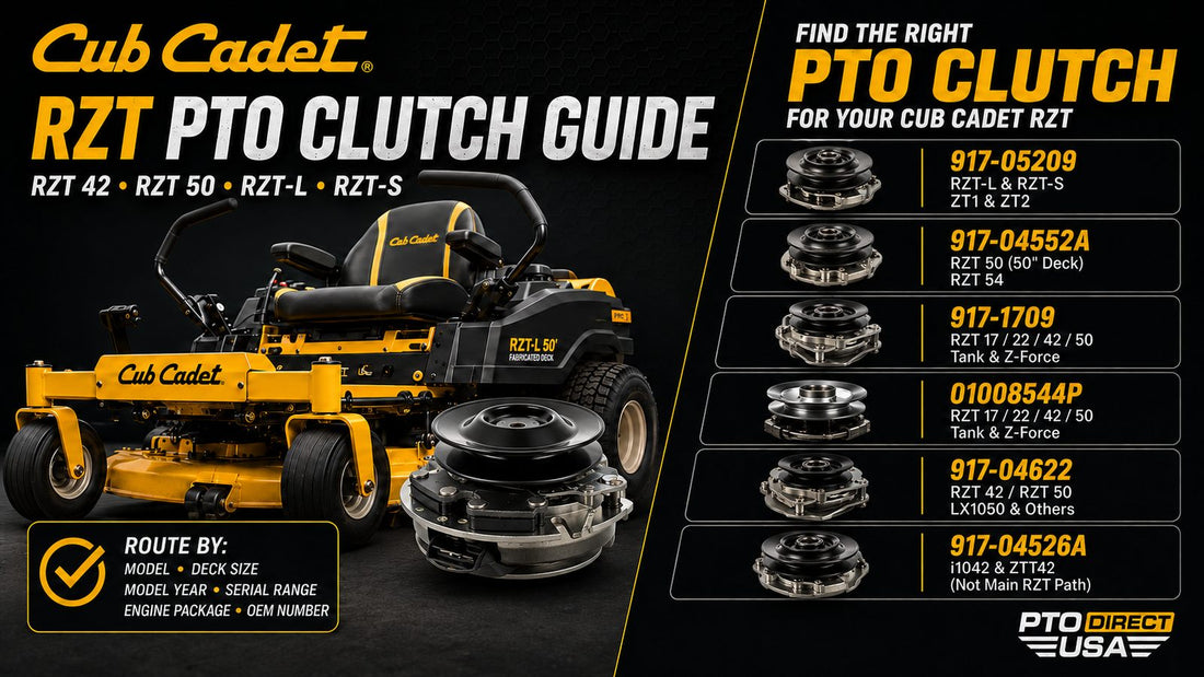 Cub Cadet RZT PTO clutch guide for RZT 42, RZT 50, RZT-L, and RZT-S replacement clutch paths.