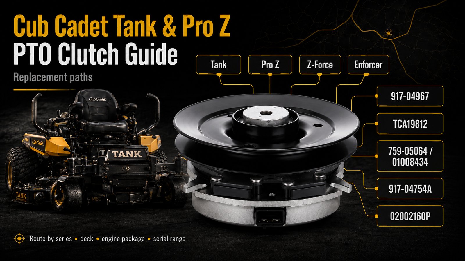 Cub Cadet Tank and Pro Z PTO clutch guide graphic showing a commercial mower background, PTO clutch, and replacement paths for Tank, Pro Z, Z-Force, Enforcer, 917-04967, TCA19812, and 759-05064.