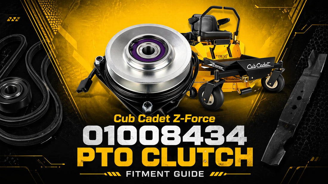 Cub Cadet Z-Force fitment guide banner featuring mower model 01008434 PTO clutch with the replacement clutch centered, plus belt and blade elements in the side background.