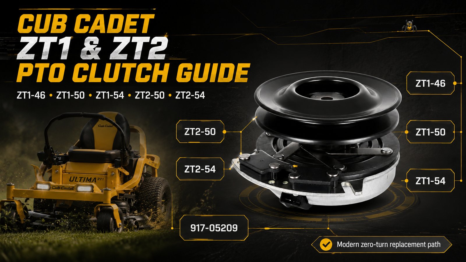 Cub Cadet ZT1 and ZT2 PTO clutch guide graphic showing a PTO clutch, a Cub Cadet zero-turn mower background, and model routing for ZT1-46, ZT1-50, ZT1-54, ZT2-50, and ZT2-54.