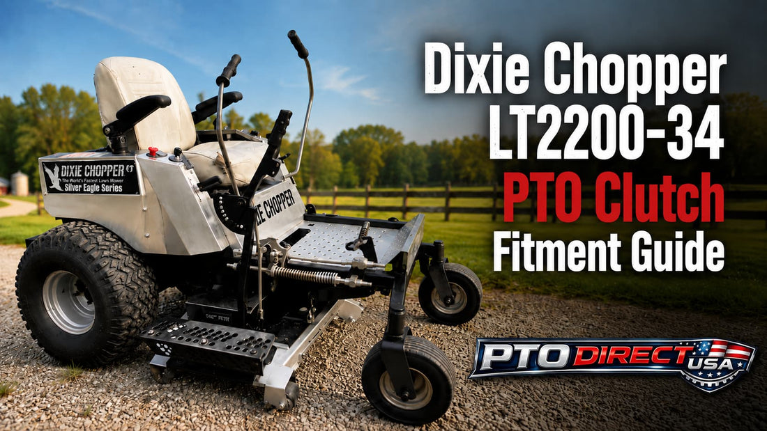 Dixie Chopper LT2200-34 Silver Eagle PTO clutch fitment guide for 500012 and 500012DC clutch replacements, serial number split notes, belt routing, pulley checks, and related drivetrain parts.