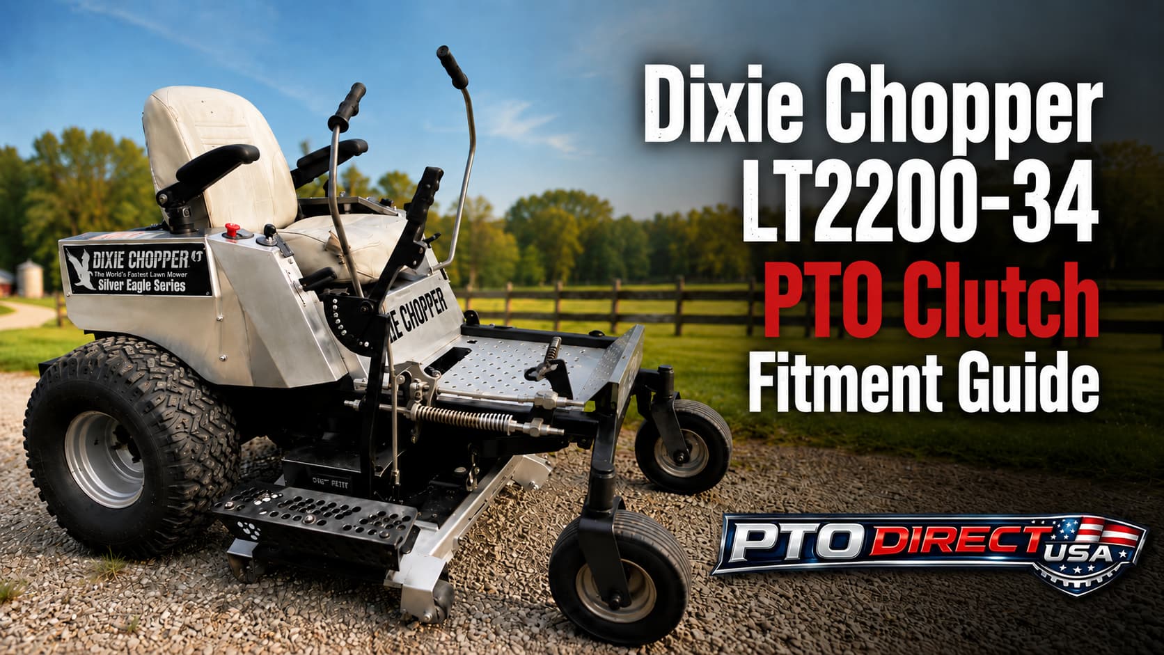 Dixie Chopper LT2200-34 Silver Eagle PTO clutch fitment guide for 500012 and 500012DC clutch replacements, serial number split notes, belt routing, pulley checks, and related drivetrain parts.