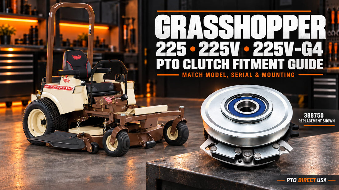 Grasshopper 225V-G4 mower and 388750 replacement PTO clutch in a workshop for the 225 series fitment guide