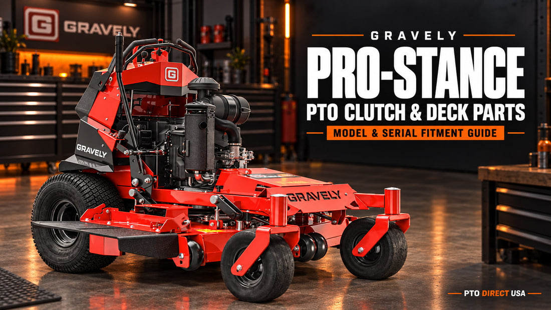Red Gravely Pro-Stance stand-on mower in a workshop for the PTO clutch and deck parts model and serial fitment guide