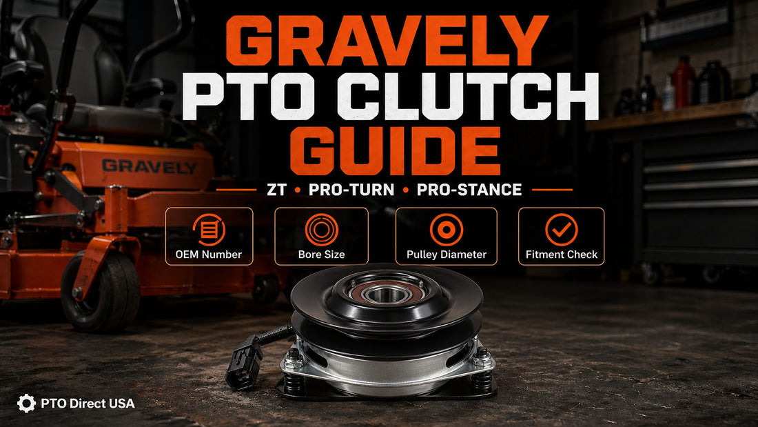 Gravely PTO clutch replacement guide for ZT, Pro-Turn, and Pro-Stance mowers with OEM number, bore size, pulley diameter, and fitment check icons.