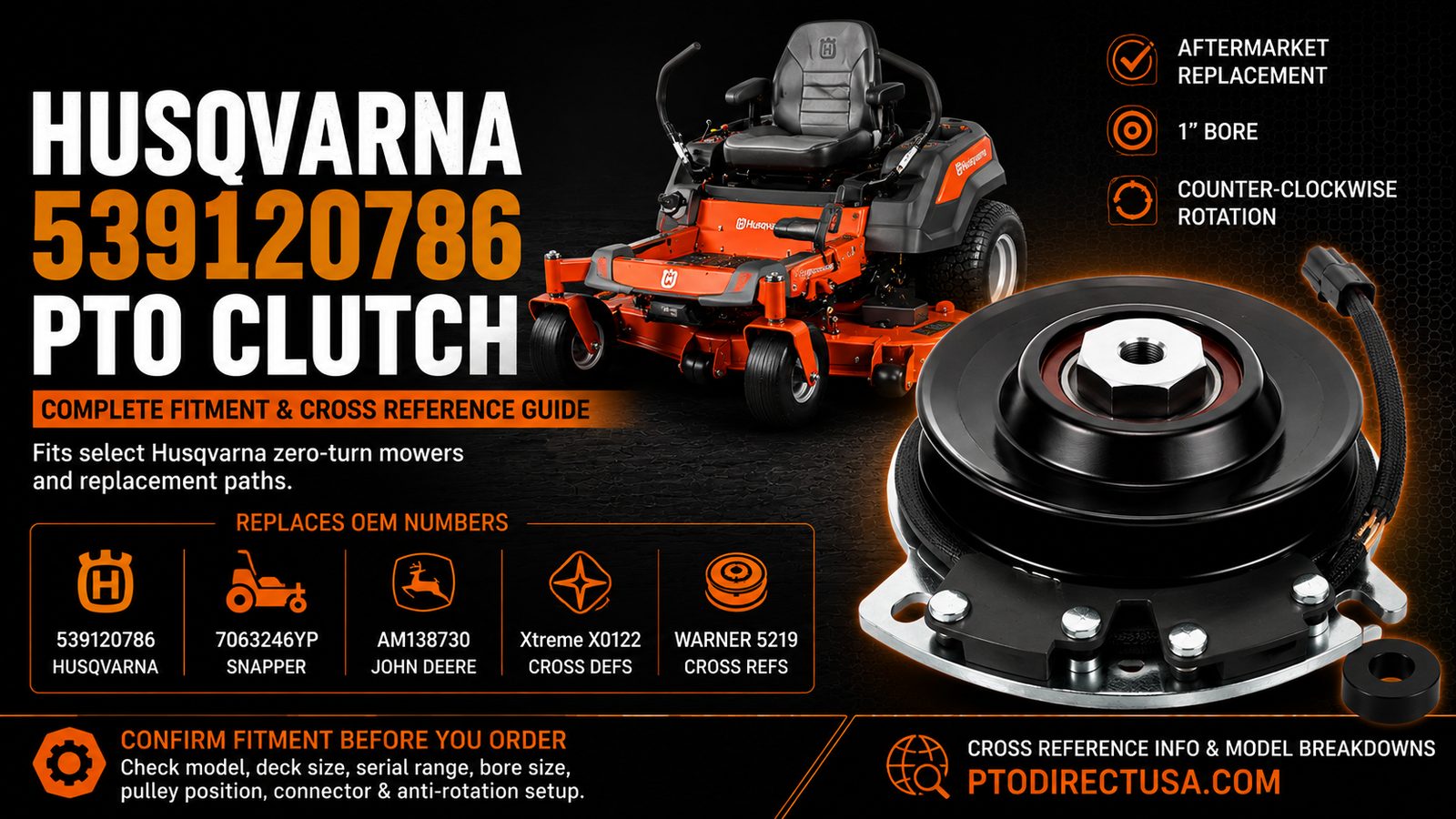 Husqvarna 539120786 PTO clutch fitment guide image showing an aftermarket electric PTO clutch for select Husqvarna, AYP, Dixon, Craftsman, Poulan, Roper, and Yazoo Kees mower applications.