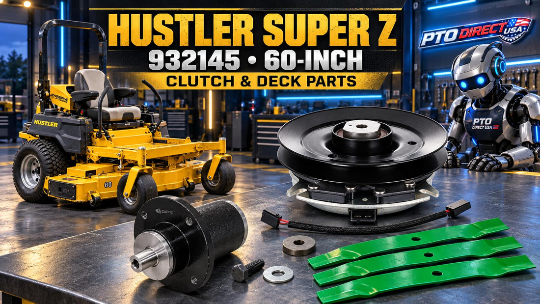 PTO Direct USA Hustler Super Z 932145 parts guide illustration featuring a yellow 60-inch mower, PTO clutch, spindle and blades with a robot technician