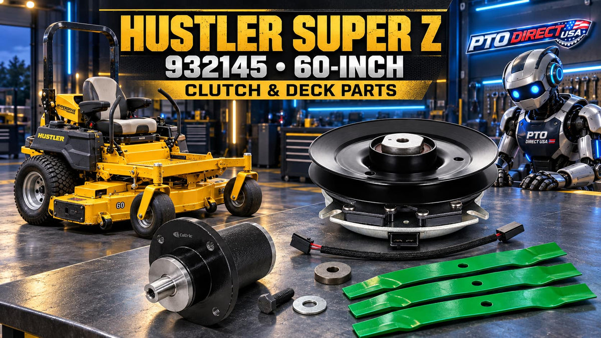 PTO Direct USA Hustler Super Z 932145 parts guide illustration featuring a yellow 60-inch mower, PTO clutch, spindle and blades with a robot technician