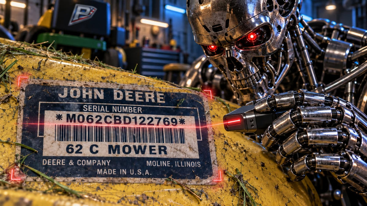 Chrome robot scanning the identification tag on a John Deere 62C mower deck, serial M062CBD122769