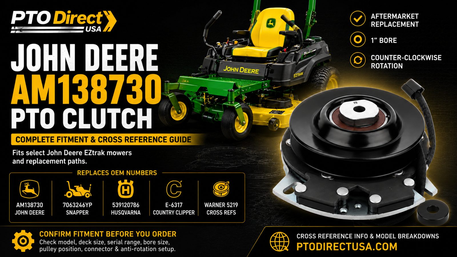 John Deere AM138730 PTO clutch guide image showing an aftermarket electric PTO clutch for select John Deere EZtrak Z225, Z425, Z445, and Z465 mower applications with 1-inch bore and counter-clockwise rotation fitment notes.