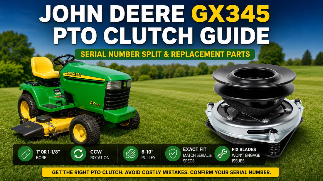 John Deere GX345 PTO clutch guide image showing GX345 lawn tractor, replacement PTO clutch, serial number split, bore size, rotation, pulley diameter, and fitment checks.