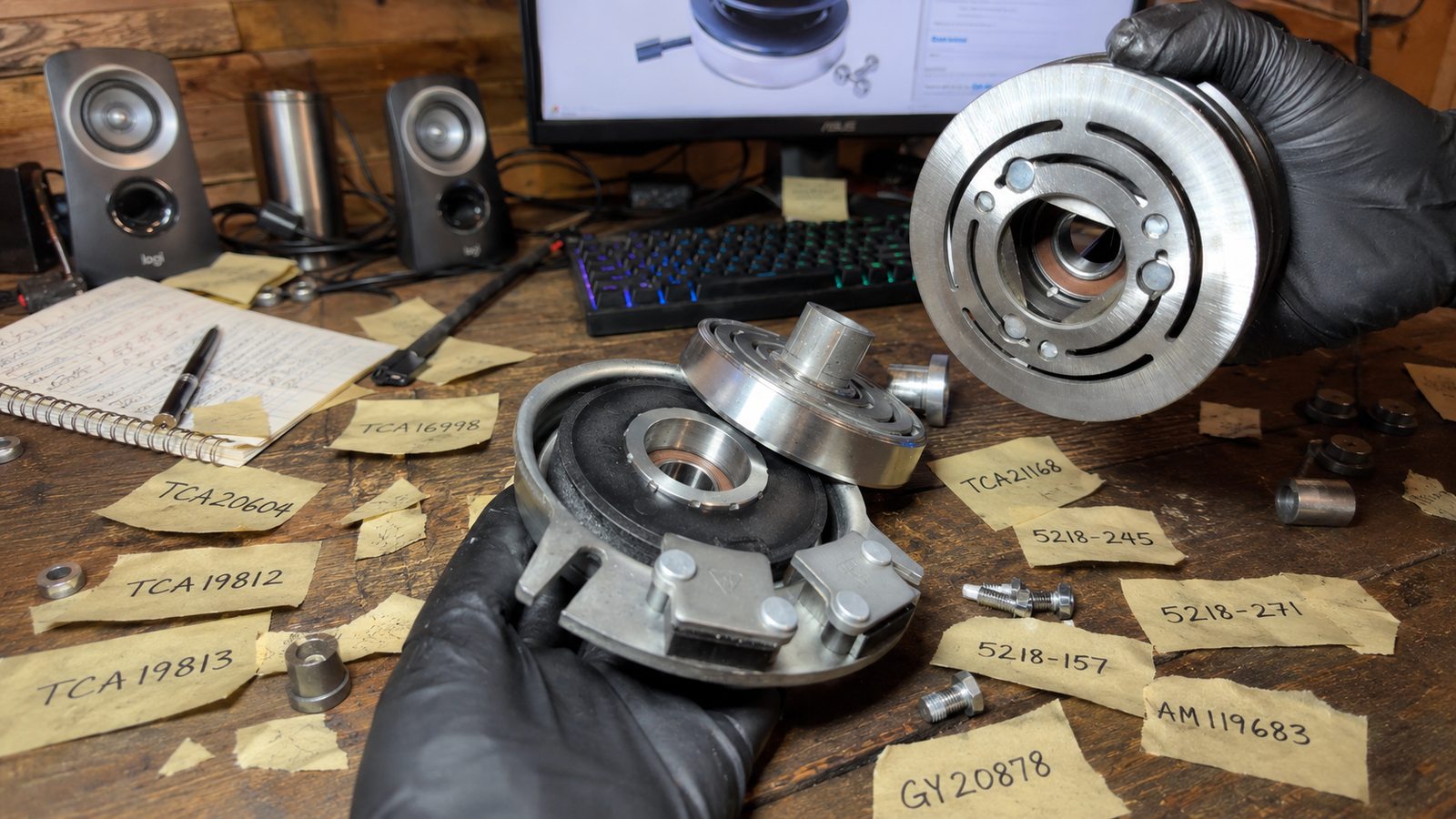John Deere PTO clutch cross-reference workbench showing disassembled clutch parts with handwritten OEM and Warner replacement numbers.