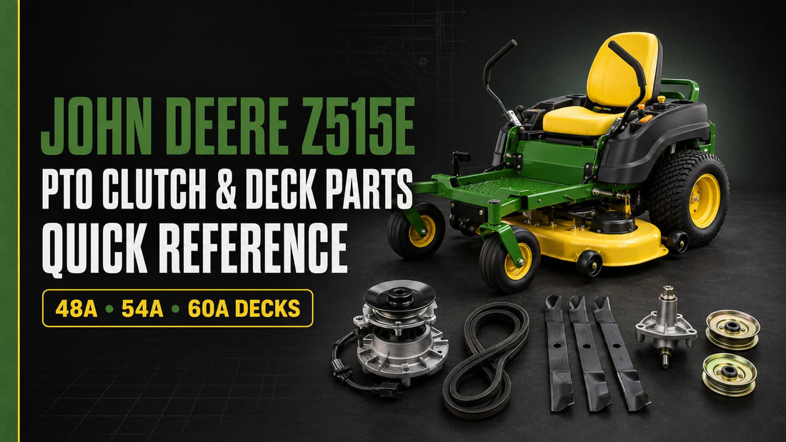 John Deere Z515E AUC16267 PTO clutch and 48A, 54A and 60A Accel Deep mower deck parts quick reference.