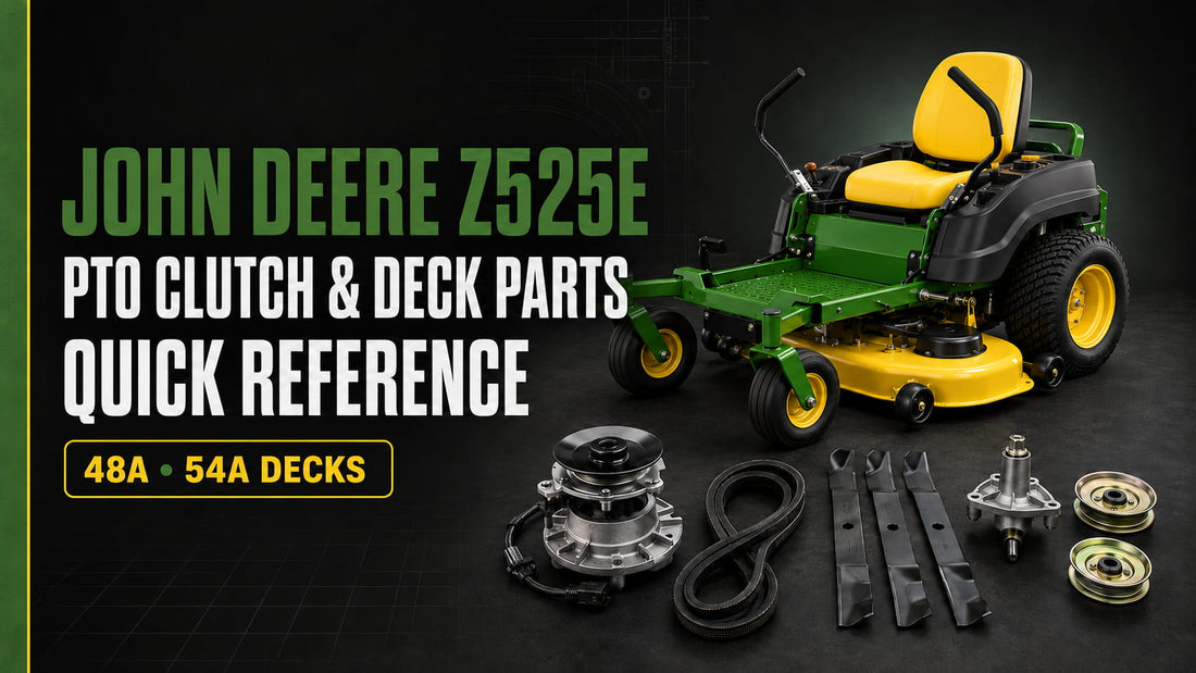 John Deere Z525E PTO clutch and 48A and 54A Accel Deep mower deck parts quick reference.