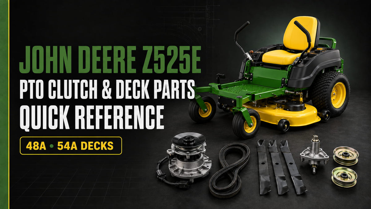 John Deere Z525E PTO clutch and 48A and 54A Accel Deep mower deck parts quick reference.