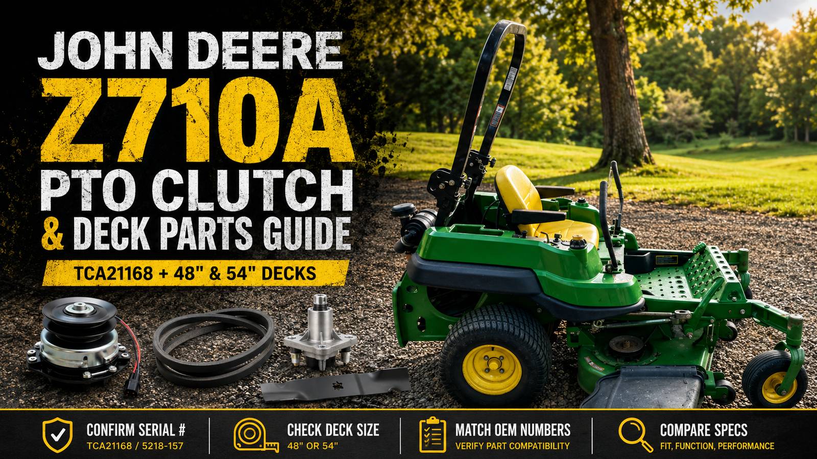 John Deere Z710A PTO clutch and deck parts guide image showing a commercial zero-turn mower with visible Z710A model marking, real replacement PTO clutch, deck belt, spindle, mower blade, and TCA21168 fitment callouts.